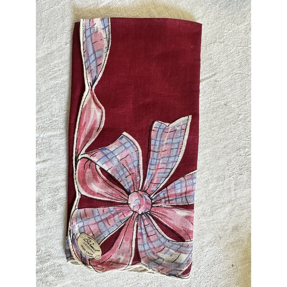 Vtg NOS Burmel Irish Linen Label Novelty Hanky Handkerchief Bow Plaid Ribbon